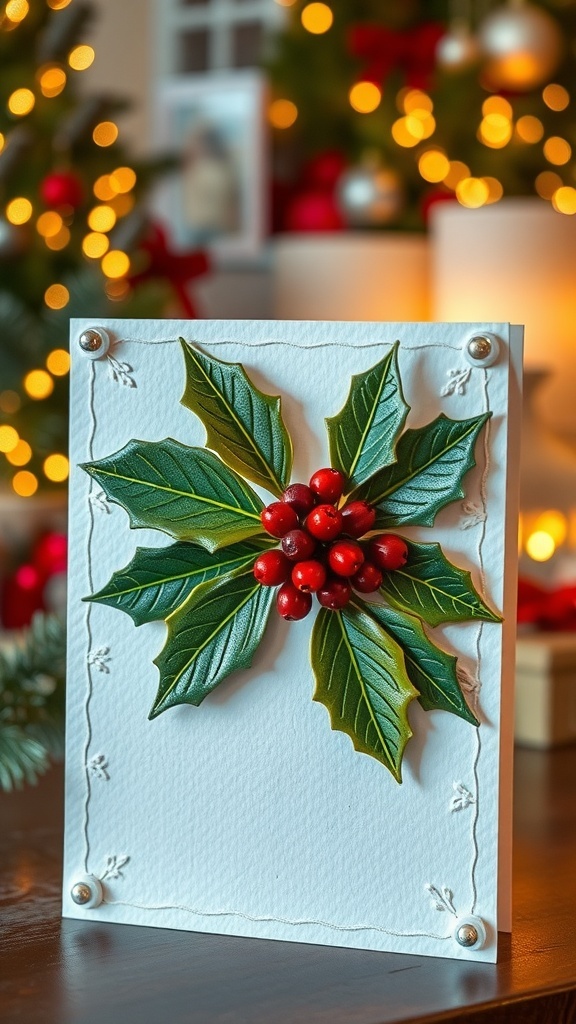 Handmade Christmas card with holly leaves and berries on a festive background.